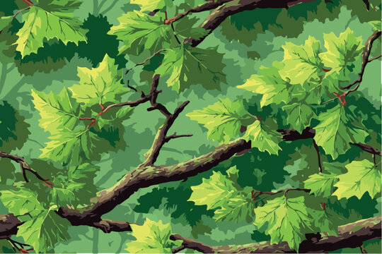 camouflage pattern with leaves and tree branches, designed for hunting or outdoor activities.Detailed camouflage pattern featuring leaves and tree bark for outdoor activities.
