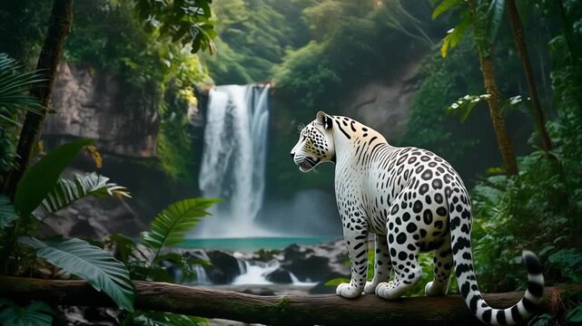 Majestic white jaguar sitting in lush jungle with waterfall