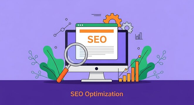 A computer screen displays SEO optimization tools with a magnifying glass on a purple background with green plants and orange graphs.