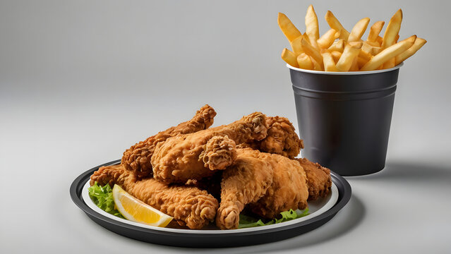 Crispy fried chicken bucket combo with golden fries and cola sits on tray isolated on clean white background