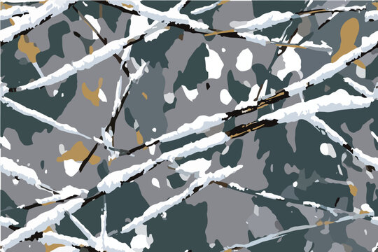 Realistic forest camouflage. Seamless pattern. Conifer tree, branches and leaves. Useable for hunting and military purposes. White and Grey Camouflage Pattern.