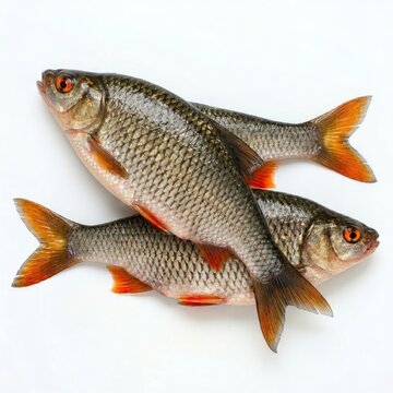 Freshly caught roach fish on a white surface detailed scales and orange fins culinary ingredient for seafood dishes