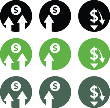 Dollar sign icons with up and down arrows representing financial growth and profit loss in black green and grey circular button designs