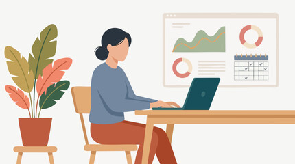 Fototapeta premium Flat illustration of woman working on laptop with business data analysis