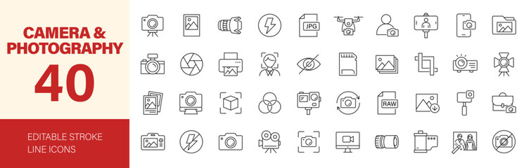 Plakat Camera and Photography icon set. Editable line icons. Vector illustration.