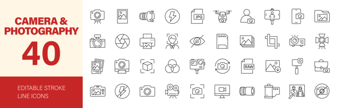 Camera and Photography icon set. Editable line icons. Vector illustration.
