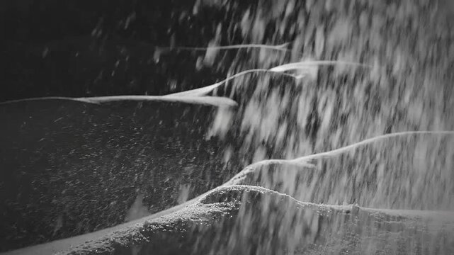 Abstract black and white landscape of sand dunes with falling particles