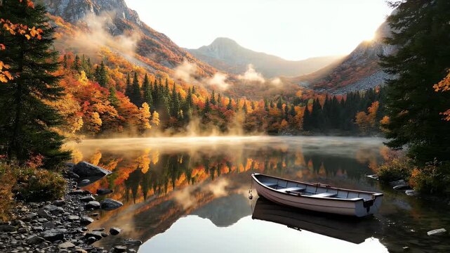 Serene autumn lake at dawn with a single boat, mist, and vibrant foliage