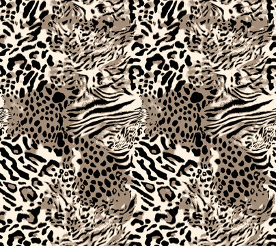 leopard animal skin seamless pattern, mixed stripes and cheetah spots texture textile 