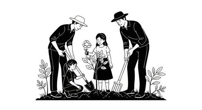 Black and white vector illustration of a family with two parents and two children planting a tree sapling using a shovel and pitchfork on a white background for environmentalism.