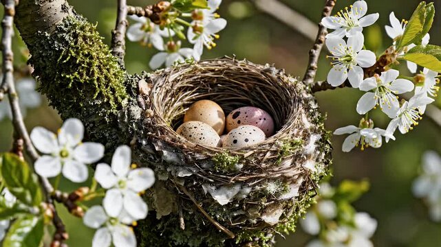 Bird's nest with speckled eggs rests on mossy branch with blossoms