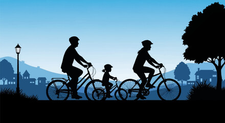 Fototapeta premium Silhouette of a father, mother, and small child riding bicycles together in a suburban park setting with houses, trees, and hills under a clear blue sky background.