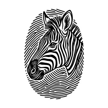 Artistic zebra head logo with unique fingerprint line pattern.