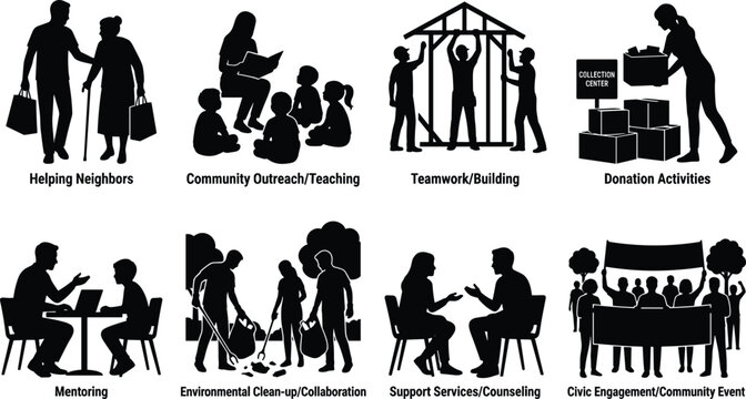 Community service volunteer work and civic engagement black vector silhouette icons isolated on white background