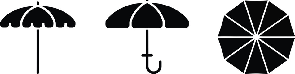 Beach umbrella icons, summer vacation sunshade and parasol symbols for seaside relaxation coastal tourism and beach resort graphics. © Doa