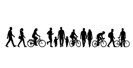 Obraz premium Evolution of man silhouette featuring cyclists and pedestrians black and white vector illustration