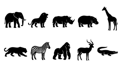 African wildlife silhouette collection elephants lions rhinos giraffes zebras and other safari animals © aliful