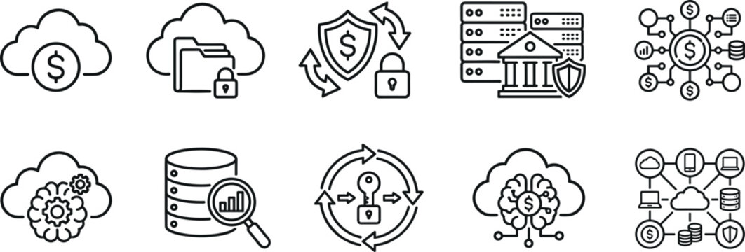 Cloud banking and fintech cybersecurity line icon set featuring server data storage network lock database brain shield vector illustration