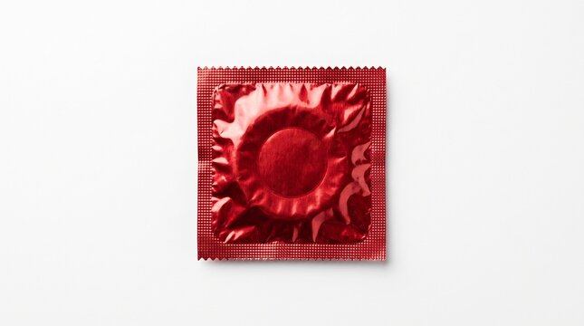 A single shiny red metallic condom wrapper featuring a square shape with serrated edges captured from a top down perspective under bright soft studio lighting.