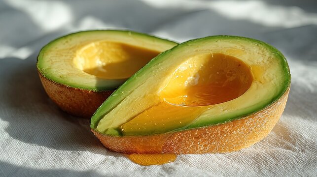 Two halves of a fresh ripe avocado with golden honey dripping over the green fruit flesh on a white textured fabric surface