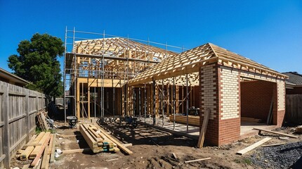 Fototapeta premium New residential house construction with timber frame and brick garage under clear sky
