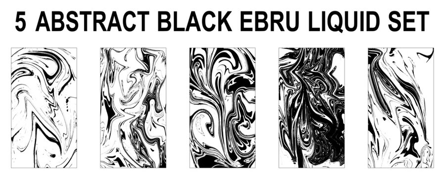 Set of abstract backgrounds. Ink marbling textures. Black and white. Hand drawn marble illustrations, ebru
