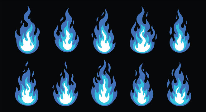 Blue flame vector icon set with glowing fire shapes on a dark background, ideal for game effects, magic themes, energy symbols, stickers, logos, posters, motion graphics, and bold digital designs.