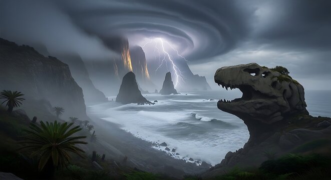 Tyrannosaurus Rex Watching A Dramatic Stormy Prehistoric Landscape.