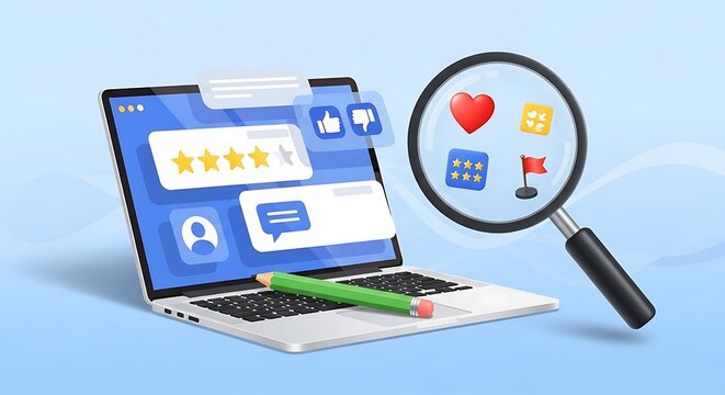 A laptop displays a review page with a magnifying glass hovering over social media icons on the screen.