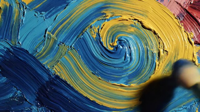 Thick, impasto paint strokes create a swirling, textured abstract of blues and yellows