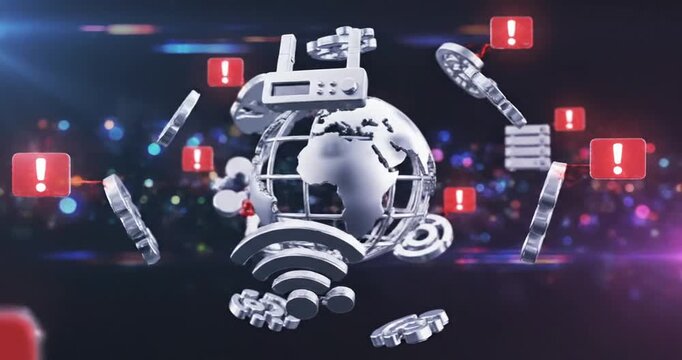 Technology and communication icons fly.