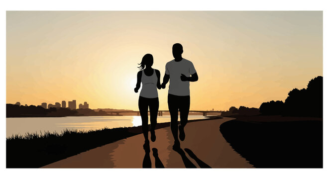 Silhouette of a man and woman jogging on a paved path along a river at sunset; distant city skyline, bridge, and grassy bank under a warm orange sky in vector style.