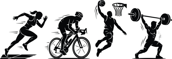 Dynamic Sports Silhouette Vector Set Featuring Running Woman Cycling Athlete Basketball Player Slam Dunking and Weightlifter Powerlifting on White Background © MdBokul