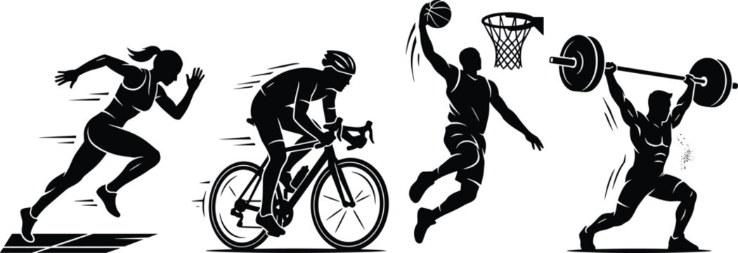 Dynamic Sports Silhouette Vector Set Featuring Running Woman Cycling Athlete Basketball Player Slam Dunking and Weightlifter Powerlifting on White Background