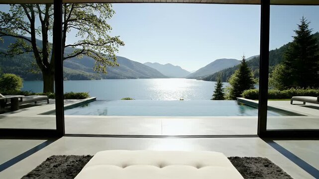 Serene lakeside infinity pool view from a modern living space