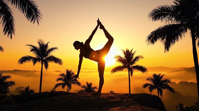 Silhouette of a person in a yoga pose on a rock at sunset with palm trees