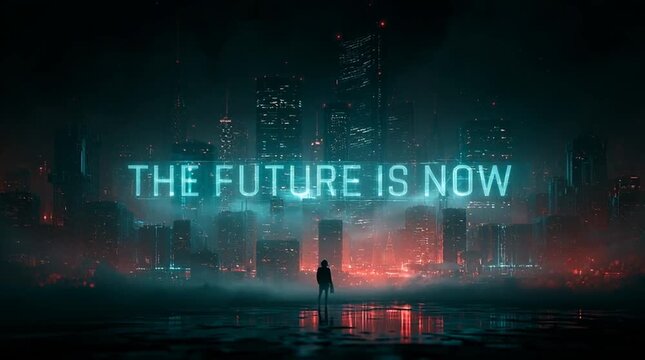 A futuristic city skyline at night with enormous holographic typography reading &ldquo;THE FUTURE IS NOW&rdquo; floating between skyscrapers, glowing across a vibrant cyberpunk metropolis.