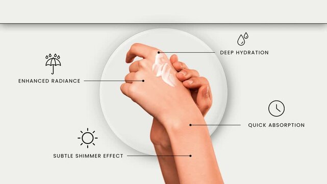 Closeup of hands applying moisturizing cream with icons for skin benefits like hydration, radiance, absorption, and shimmer