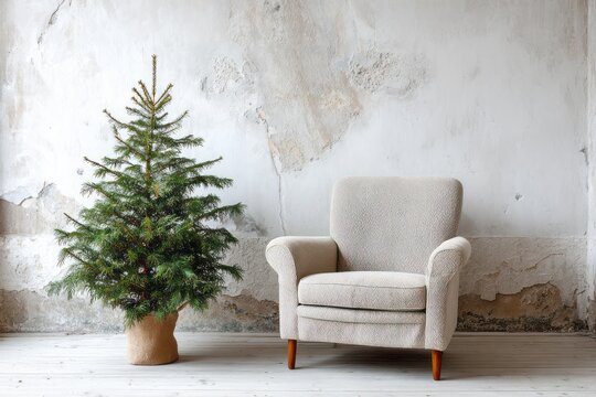 Cozy armchair and evergreen tree in a rustic room setting.