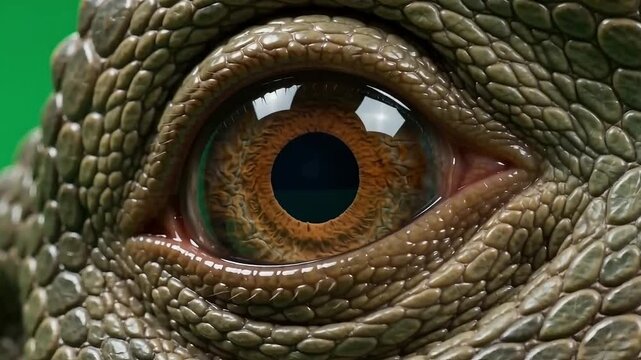 Close-up of a reptile's eye on green chroma key background, scales texture