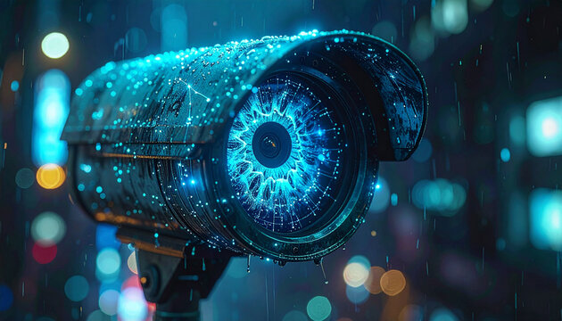 Digital Surveillance Eye: A futuristic security camera, adorned with glowing blue digital patterns, stands guard on a rain-slicked city street at night, its lens resembling a watchful eye.
