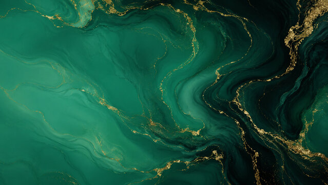 Emerald Green and Gold Fluid Marble Abstract Background