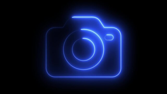 Glowing blue neon camera animation on black background, for and media, branding light