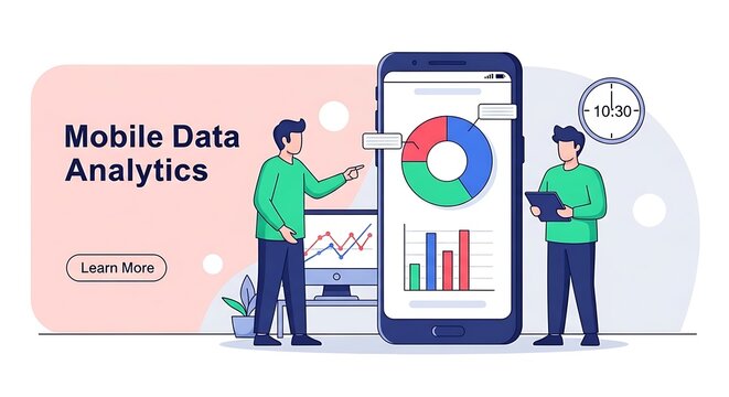 Two men analyze mobile data on a large smartphone screen with graphs