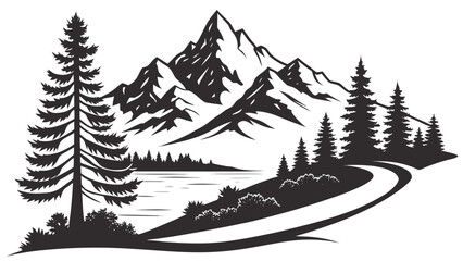 Fototapeta premium Vector illustration mountain landscape with pine trees and a winding road