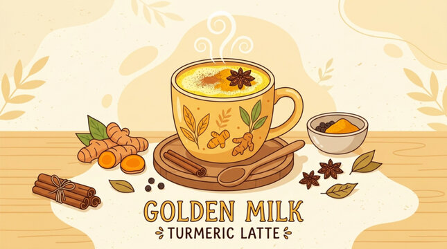 Golden milk turmeric latte with spices on wooden table