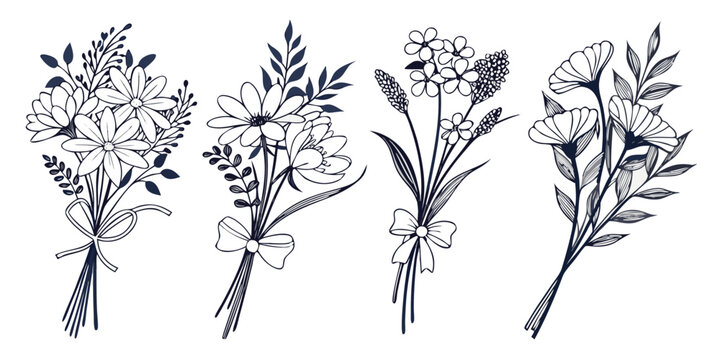 Vector illustration set of hand drawn floral bouquets with ribbons