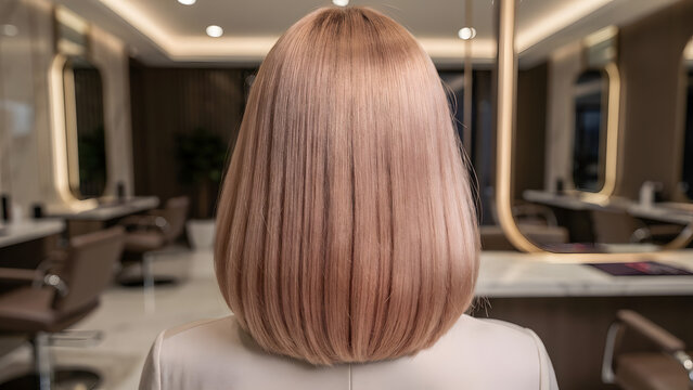Back view of woman with stylish bob haircut in modern salon