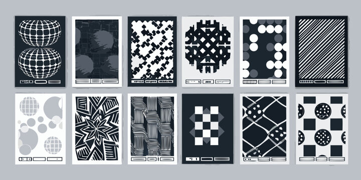 Geometric poster collection black and white vector illustrations on gray background