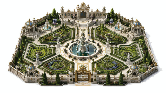 Baroque royal garden vector illustration, isometric luxury palace courtyard with fountains and statues, ornate classical landscape design